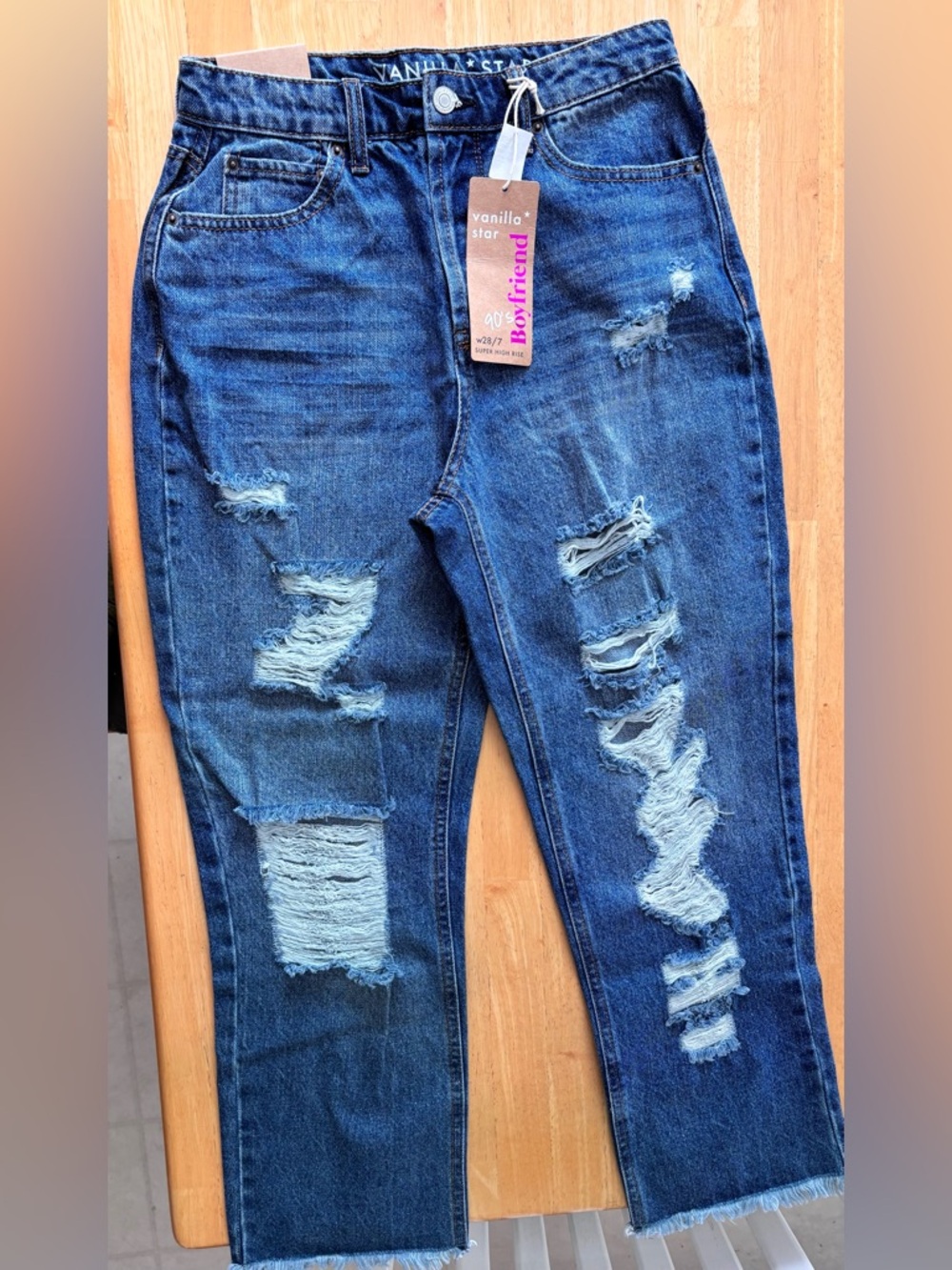 Vanilla Star Women's Distressed Blue Boyfriend Jeans